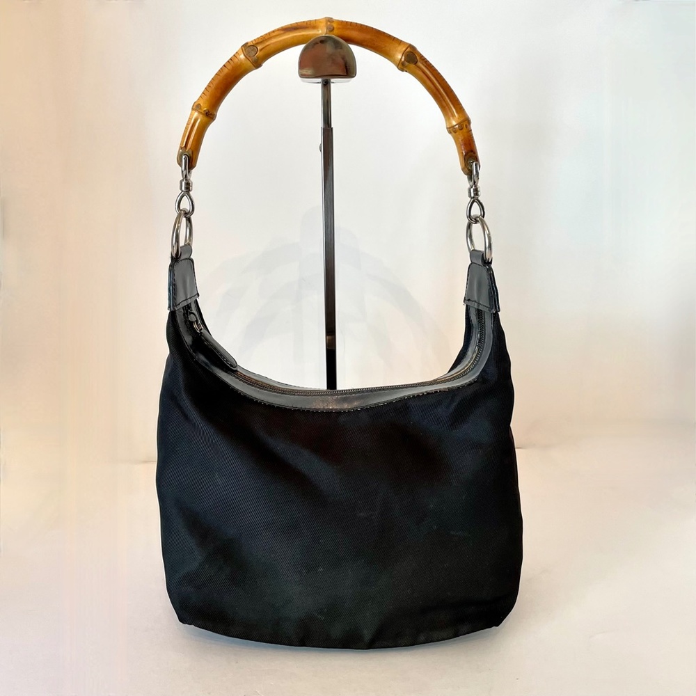 Gucci Shoulder Bag bamboo Nylon Canvas Black Leather